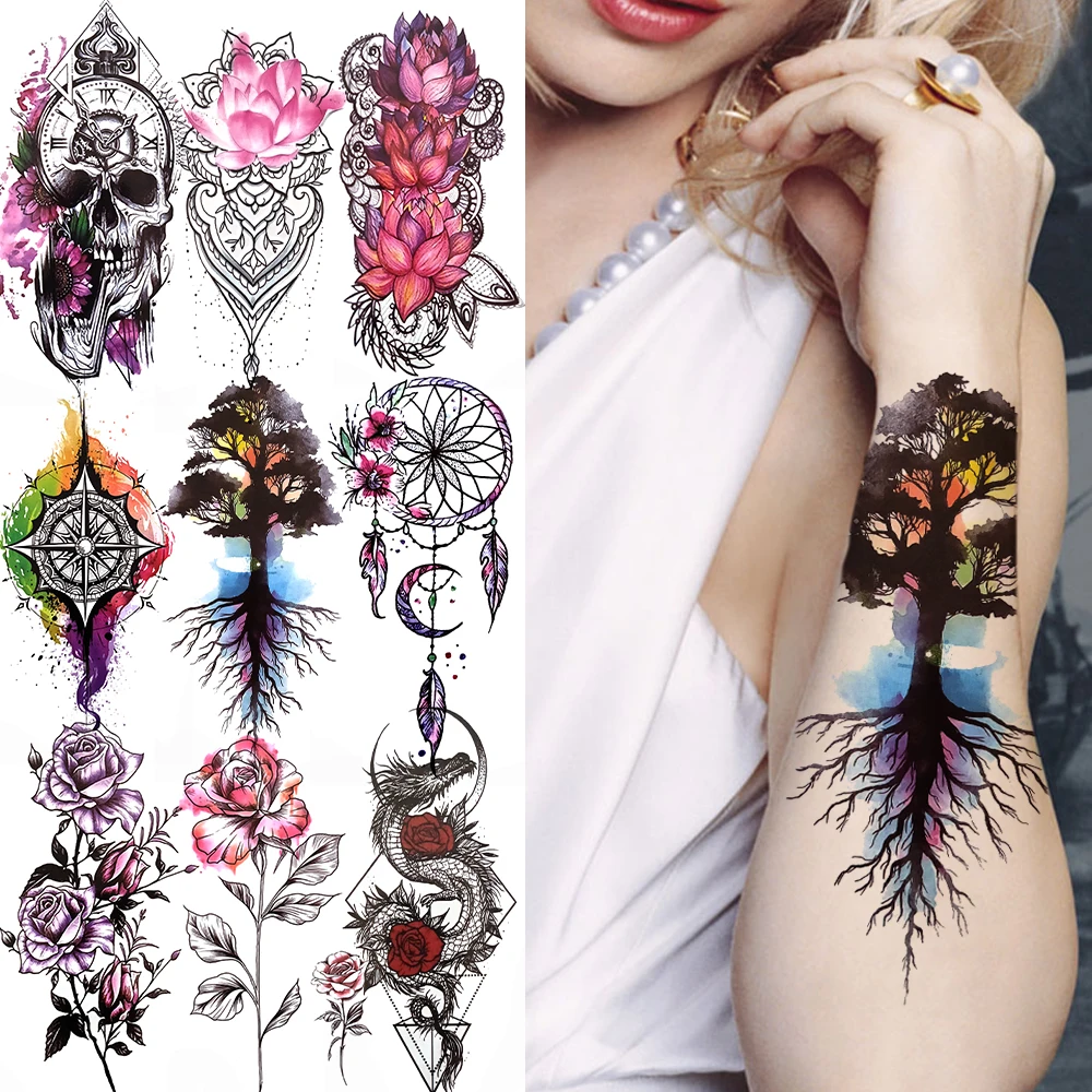 Life Tree Watercolor Temporary Tattoo For Women Dreamcatcher Dragon Forest Peony Tattoo Sticker Fake Lace Compass Feather Tatoos