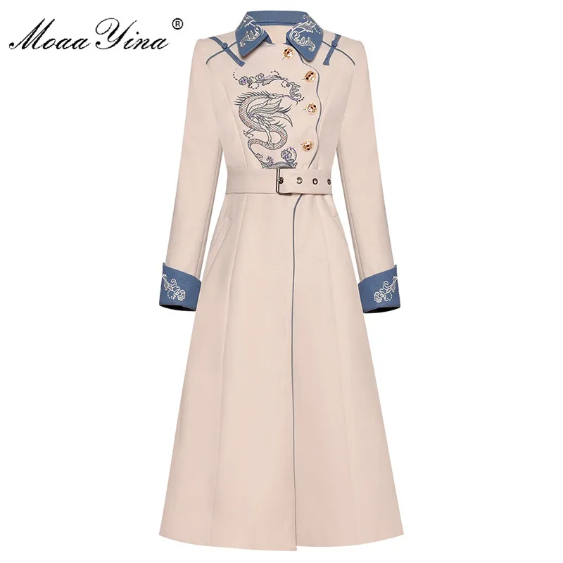 MoaaYina Fashion Designer Wool Woolen coat Winter Women Long sleeve Belt Embroidery Keep warm Woolen coat Overcoat