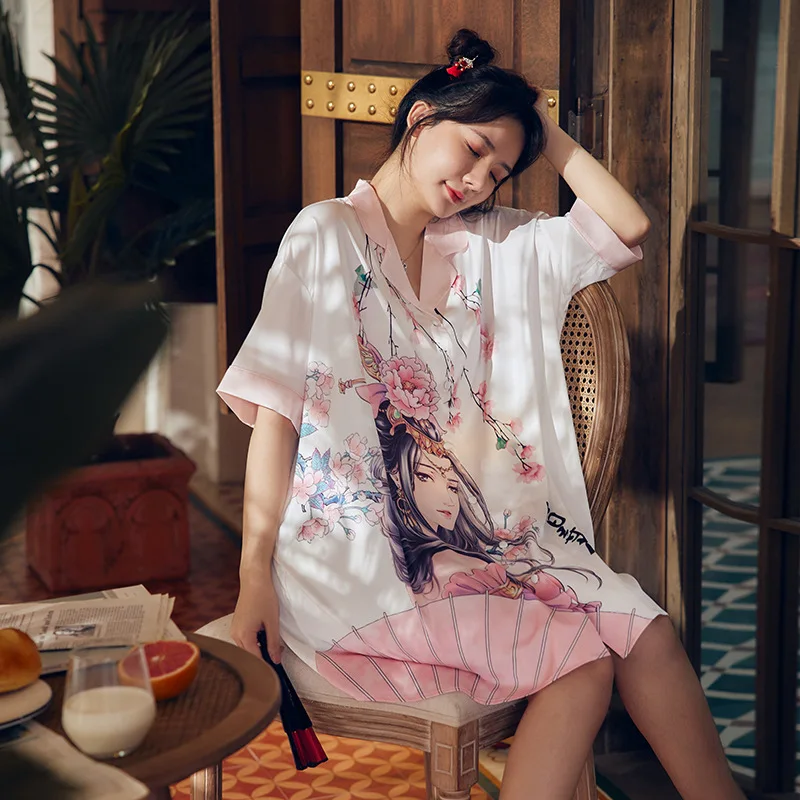 

Women Summer Sleepwear Chinese Style Nightgown Ice Silk Satin Loose Shirt Skirt Bathrobe Intimate Lingerie Short Sleeve Homewear