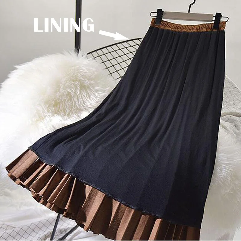 Women\'s Elegant Suede Pleated Midi Skirt Female High-Quality Elastic High Waist Thick Warm Skirts Saias 2024 Autumn Winter SK394