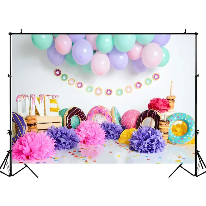 Baby 1st Birthday Party Backdrop Balloon White Wall Donuts Family Shoot Baby Kids Portrait Photo Backdrop Photography Background
