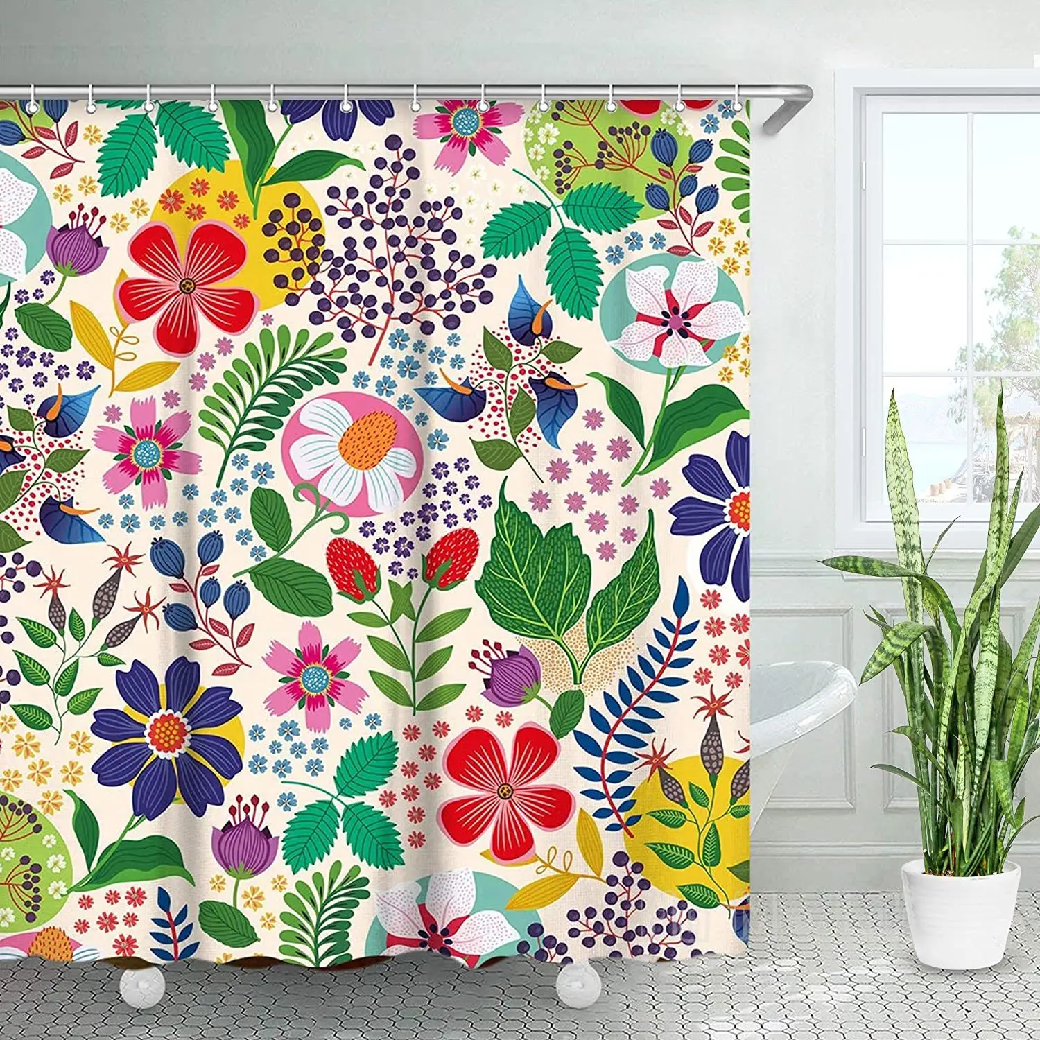 Floral Colorful Wild Flowers Blossom With Green Leaves Herbs Shower Curtain For Bathroom With 12 Hooks