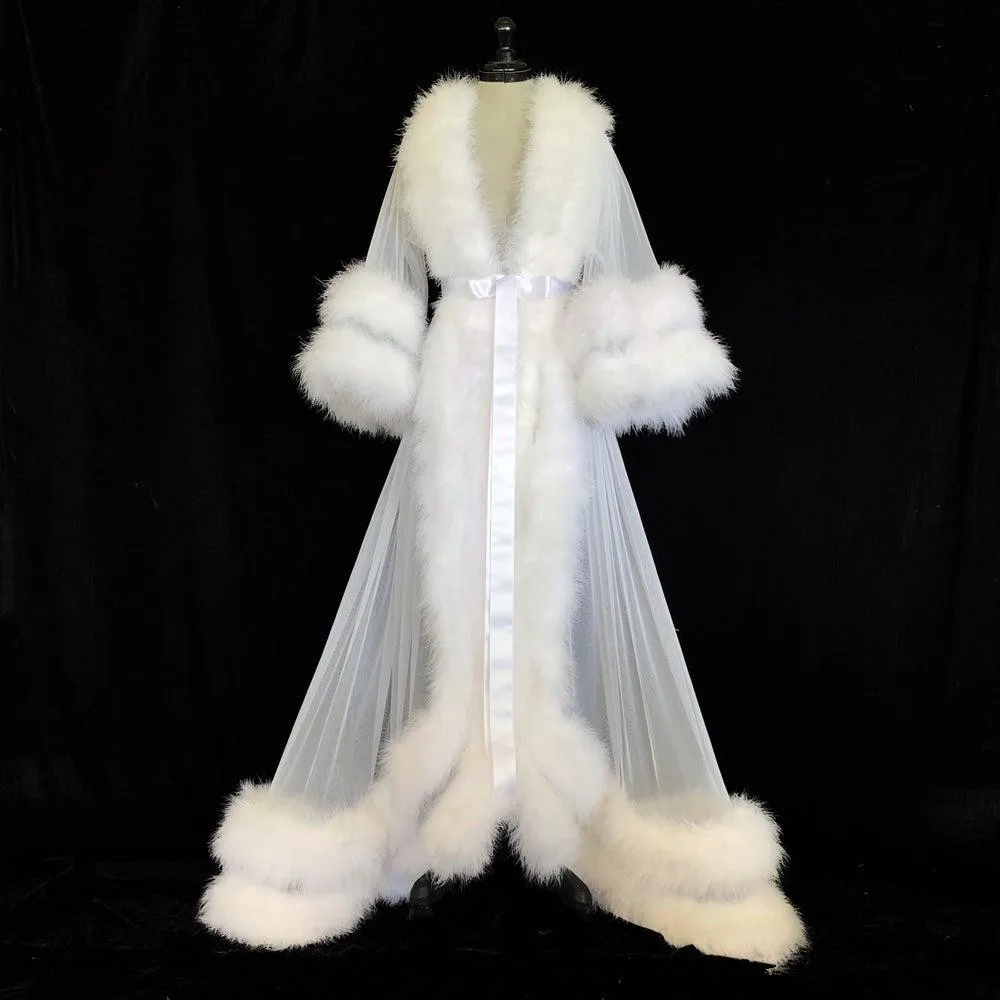 White Double Deluxe Women Robe Fur Nightgown Bathrobe Sleepwear Bridal Robe Marabou/Charmeuse Dressing Gown Party Gifts