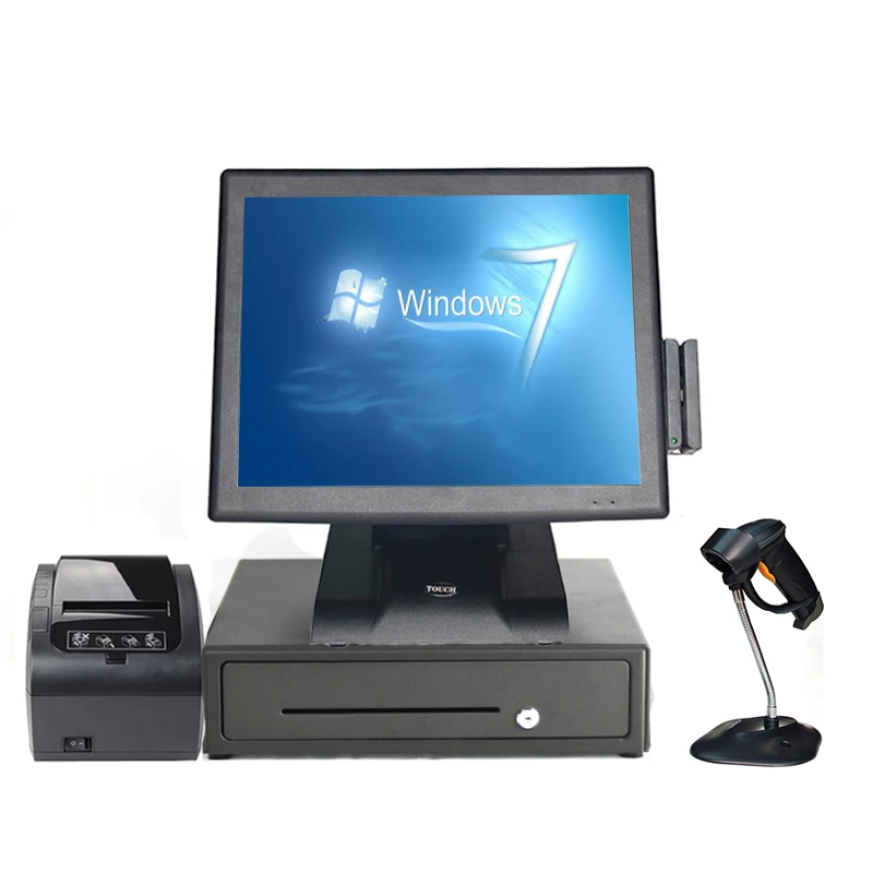 

15 inch resistive touch screen POS system Pos terminal with Printer/ cash drawer/ scanner/ VFD/ MSR