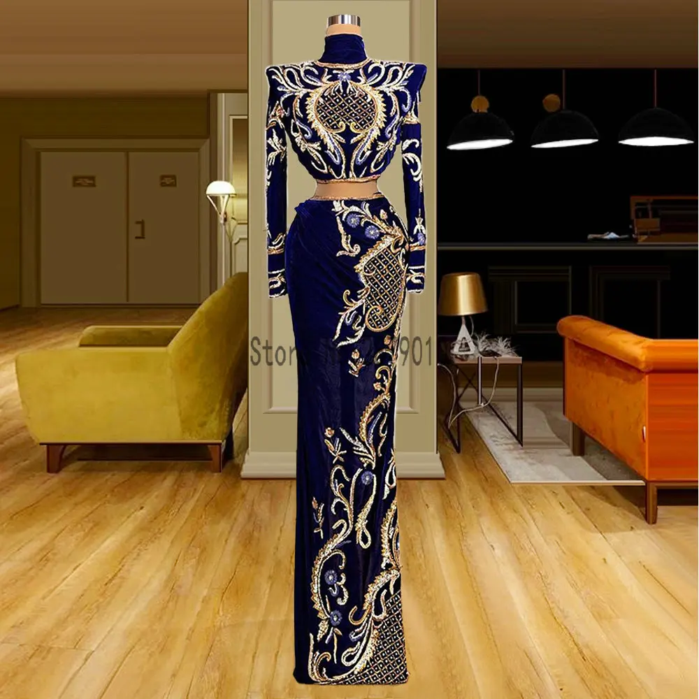 Dubai Two Pieces High Neck Evening Dresses Royal Blue Muslim Long Sleeve Luxury Embroidery Evening Gowns Formal Dress