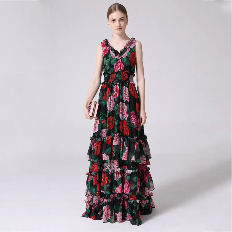 

black red rose floral cross border maxi boho cake dress women robe 20 summer long casual beach sexy loose dresses plus size