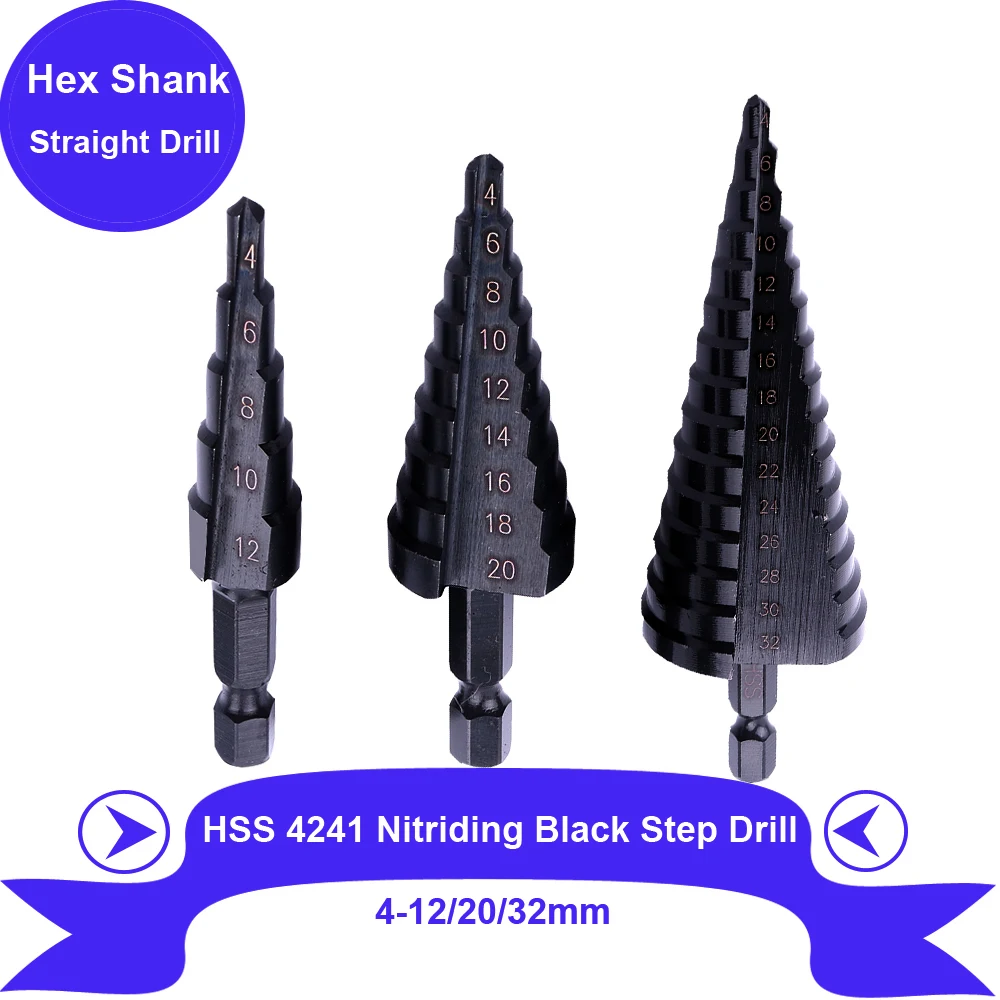 HSS Step Cone Drill Bit 4-12/20/32mm Nitrogen Coated Straight Groove Hex Shank Step Drill Bits For Wood Metal Hole Cutter Drill