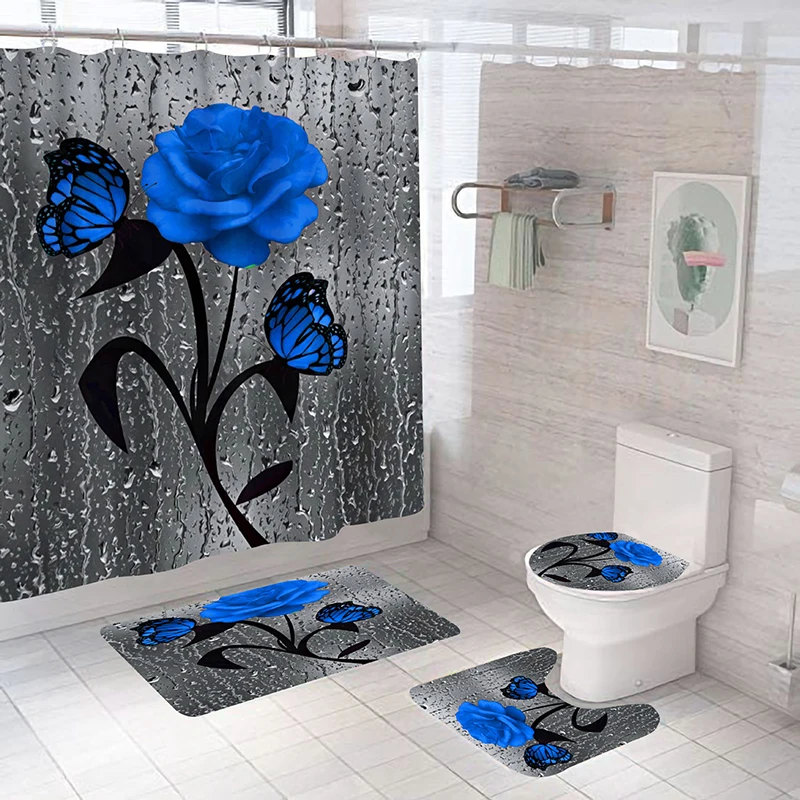 Red Rose&Butterfly Bathroom Anti-slip Mat Set Durable Waterproof Shower Curtain Set Pedestal Rug Lid Toilet Cover Bath Mat Rugs