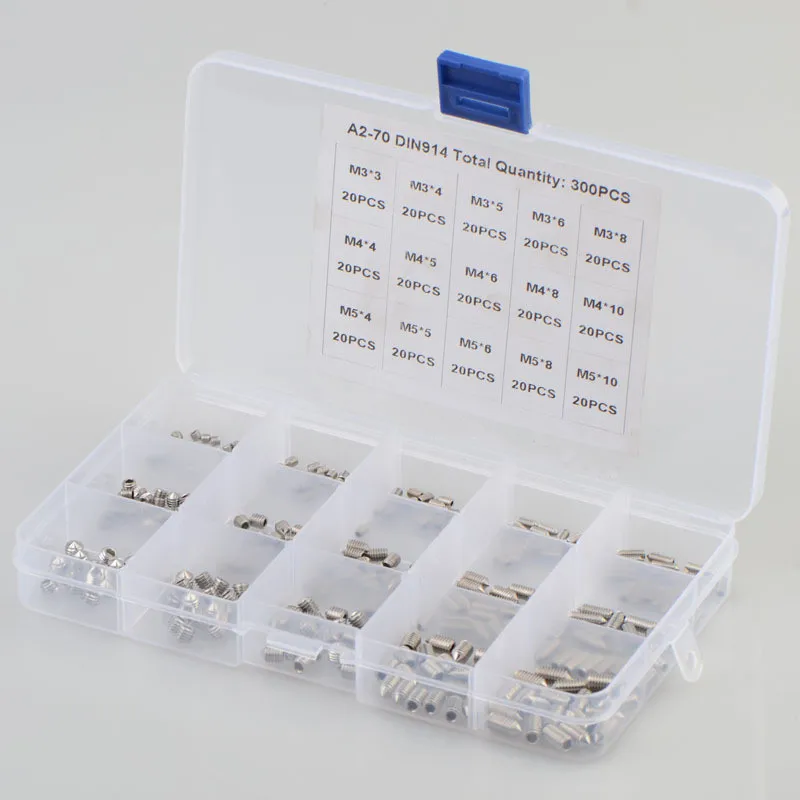 300Pcs Hex Hexagon Socket Cone Point Set Screw Assortiment Kit Rvs 304 DIN914 M3 M4 M5 Headless Schroef set