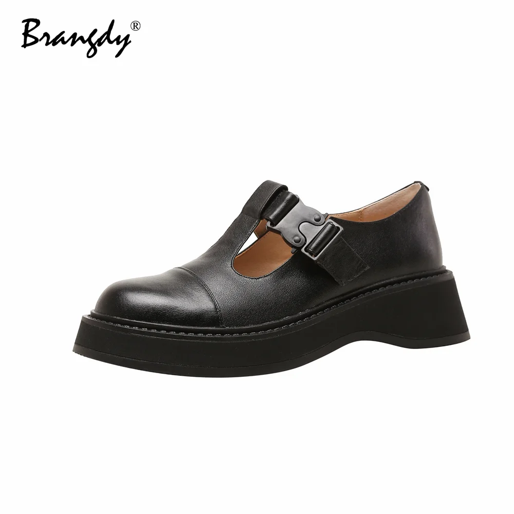 

Brangdy 2022 Women Shoes Genuine Leather Lolita Wedges Women Marry Jane Shoes Metal Decoration Round Toe Ladies Shoes Platform