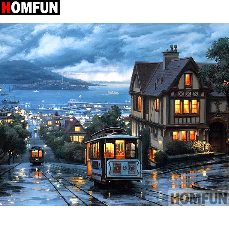 

HOMFUN Diamond Painting Cross Stitch Pattern 5D Diamond Embroidery "Small town car scenery" Home Decor DIY diamond Art A27258