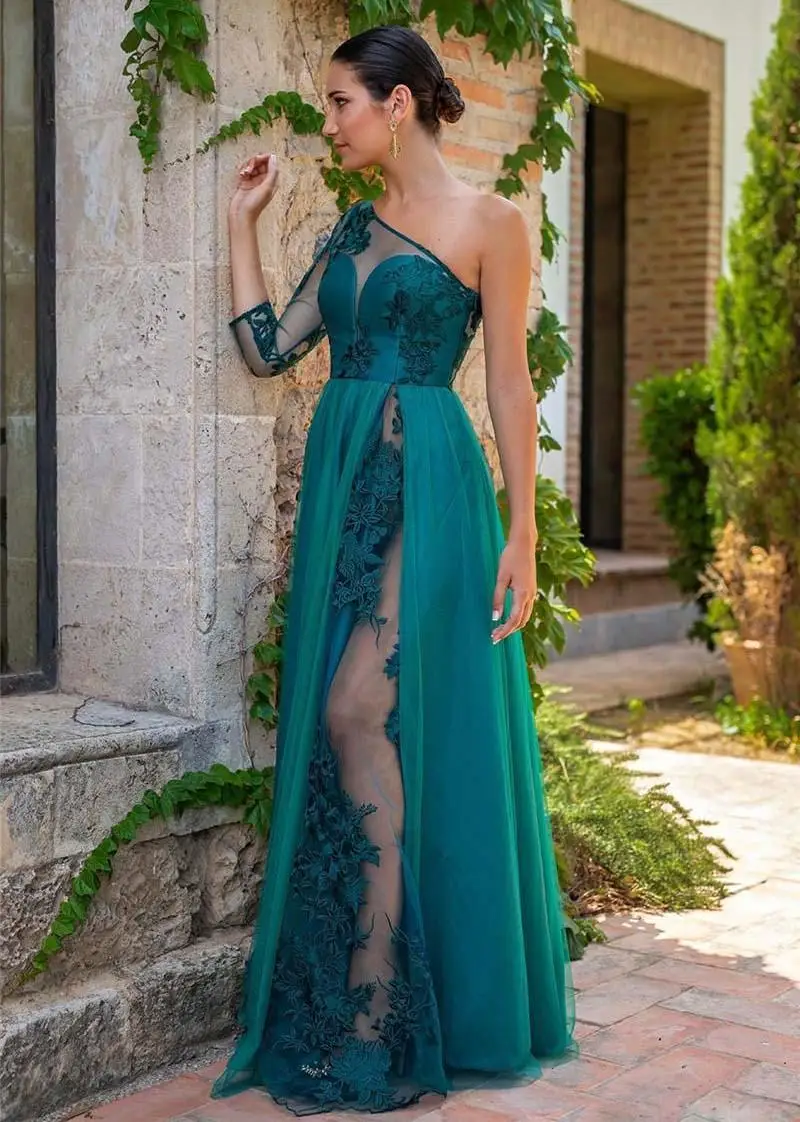 2020 ใหม่ Hunter ชุดราตรีไหล่ชั้นแขนยาว ILLUSION Lace Appliques สูงแยก Long Evening Gowns เสื้อคลุม