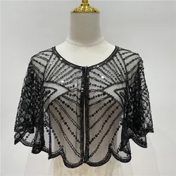 Vintage 1920s Flapper Shawl Sequin Beaded Short Cape Beaded Decoration Gatsby Party Mesh Short Cover Up Dress Accessory