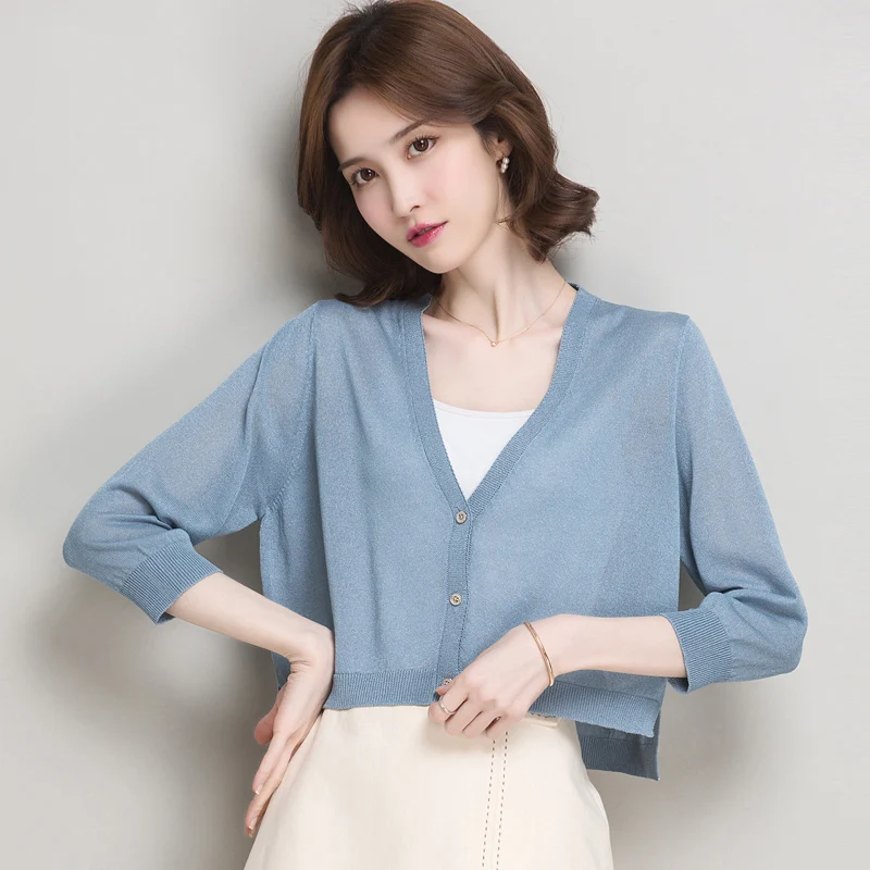 

New Summer Knitwear Women Solid Knit Outwear Elegant V-Neck Female Thin Knit Coat Half Sleeve