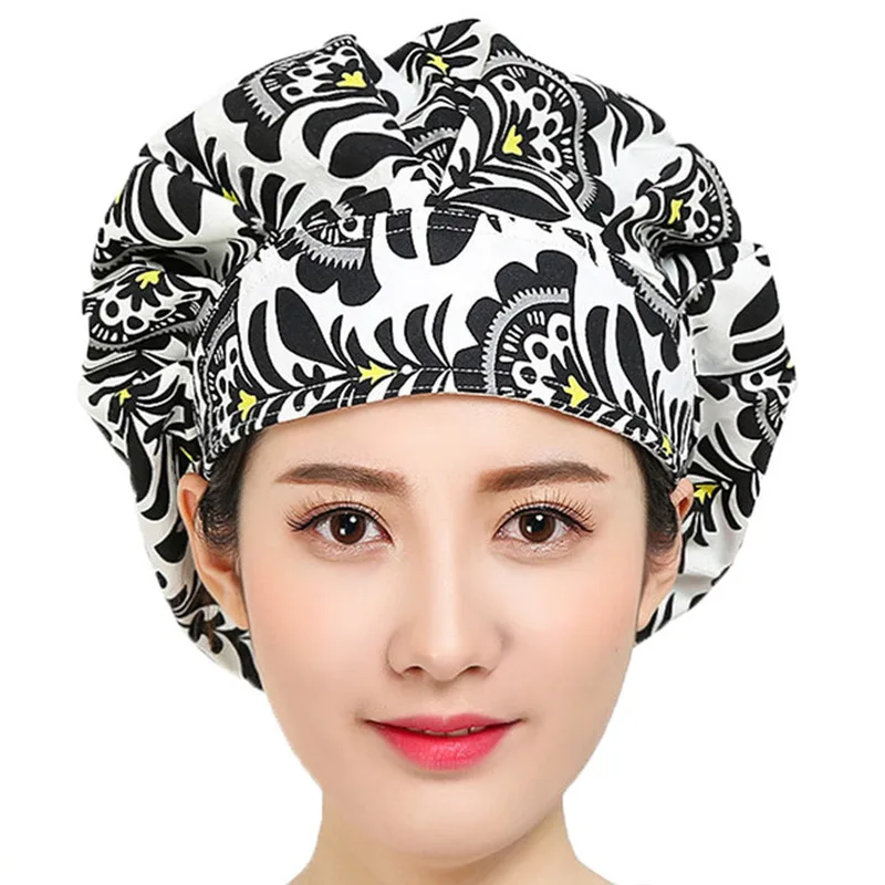 Scrubs Caps for Women Elastic Adjustable Hats Pattern Printed Sweatband Bouffant Caps Cotton Reuseable Working Hats Accessories