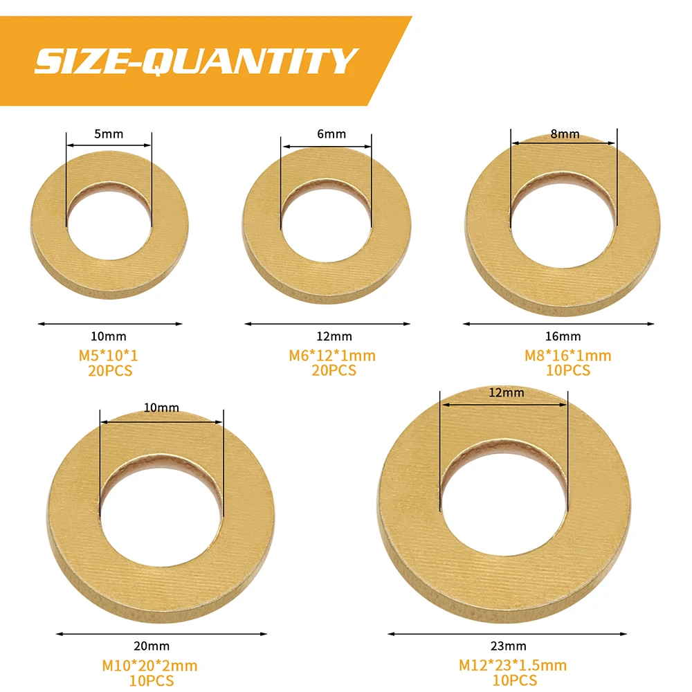 Dropship Electrapick 70pcs M5 M6 M8 M10 M12 Solid Brass Copper Flat Washer Plain Gasket Pad Boxed