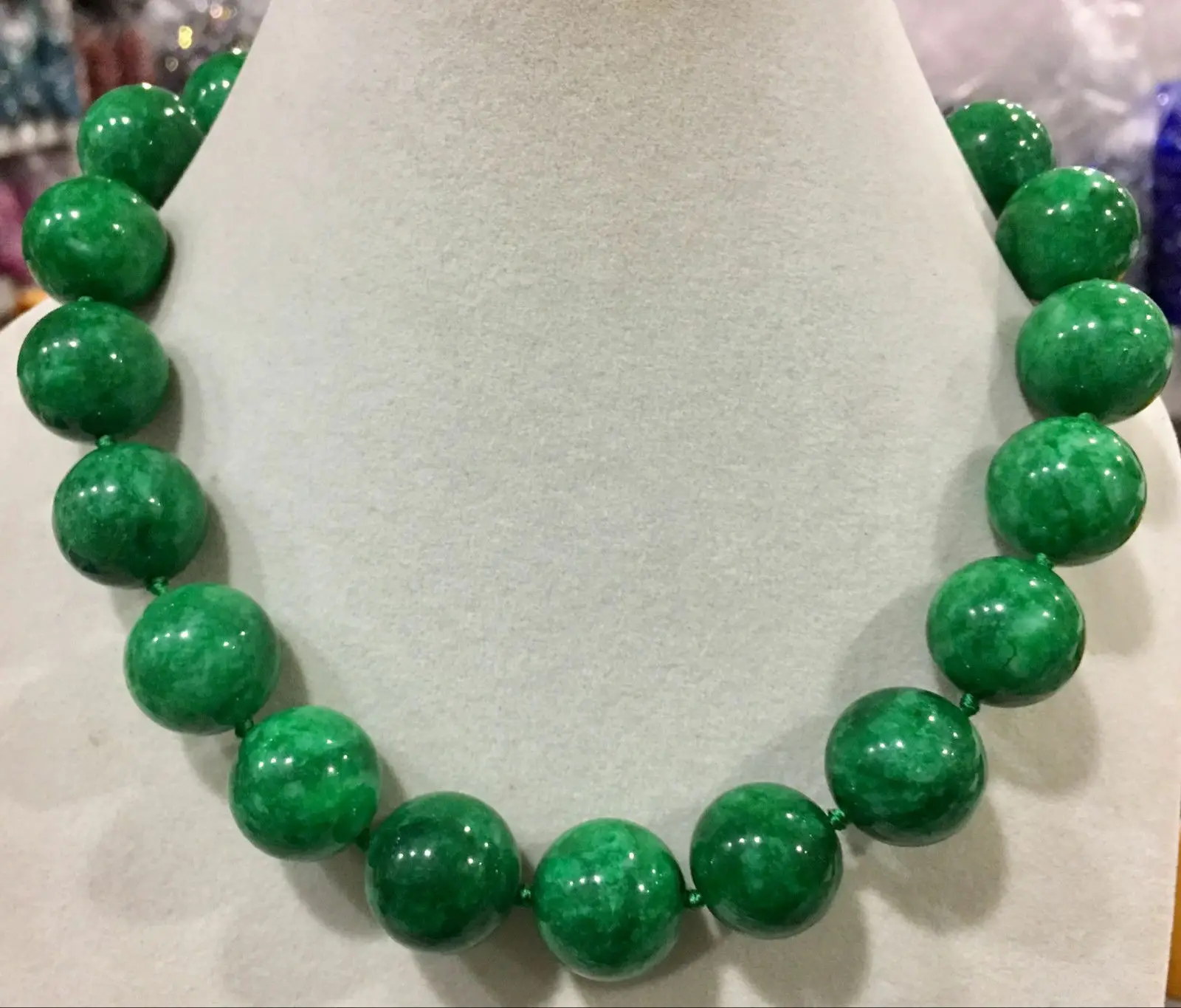 

Huge natural 14MM green jade gemstone necklace 18" AAA