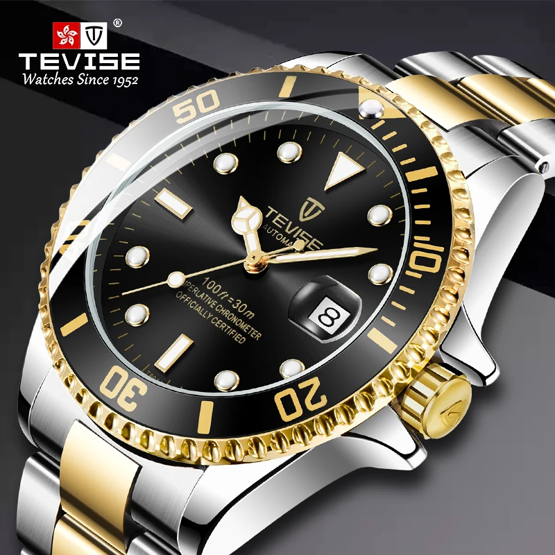 Luxury Brand Automatic Wrist Watches Tevise Stainless Steel Date Calendar Watch Diver Waterproof Military Men\'s Mechanical Watch