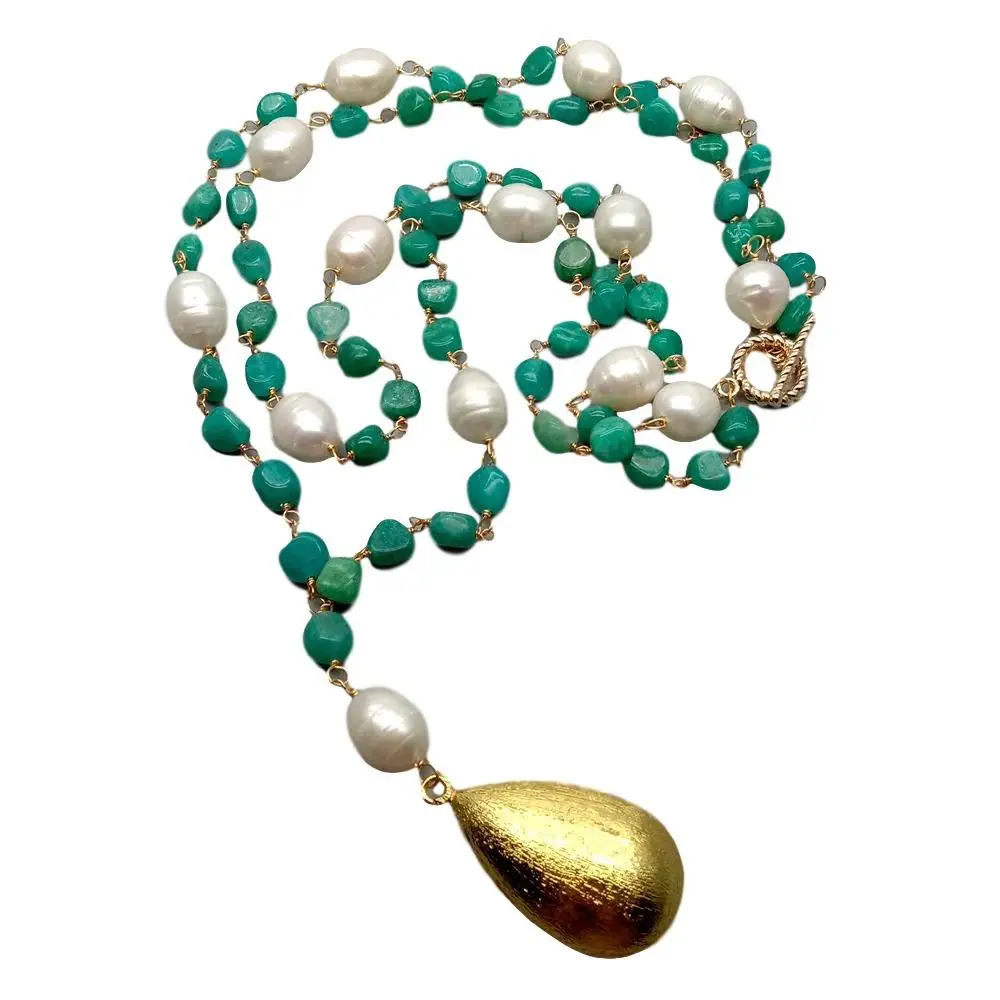 Y·YING Peruvian Amazonite White Rice Pearl  sweater chain Necklace Teardrop Brushed Bead Pendant necklace  21