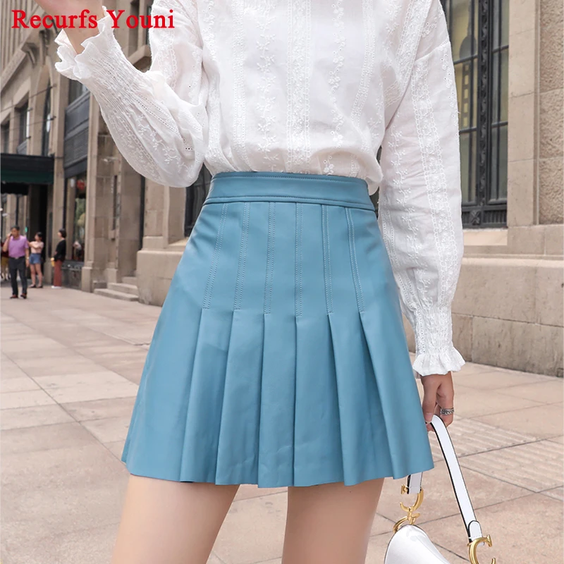 

RYS9336 Winter Women New 100% Real Leather Mini Skirt Ladies Sexy Blue/Green/Black Pleated Skirt Slim Hip Bust Faldas Mujer