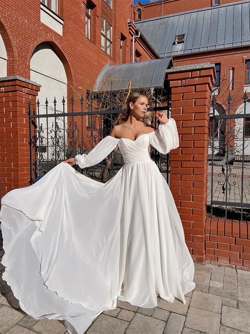 11198#Off-Shoulder  Boho Wedding Dress Bohemian Chiffon Sweetheart Long Sleeves A-Line Hourglass Open  Back Gown W/ Train