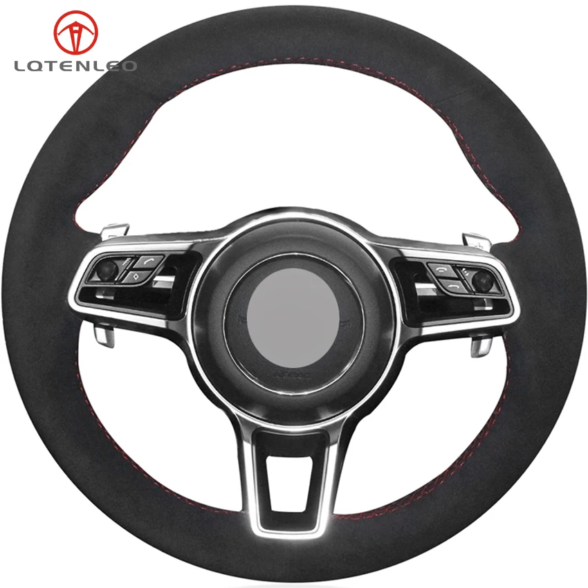 LQTENLEO Black Suede Steering Wheel Cover For Porsche Macan Panamera 2013-2019 Cayenne 2015-2019 718 911 2015-2019 918 Spyder