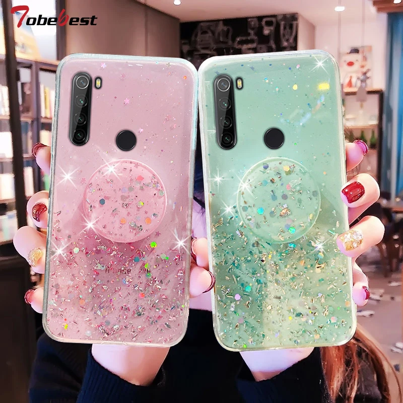 Silver Foil Phone holder case For Redmi Note 9 9S 8 8T 7 6 5 Pro 4 4X 5 9A 9C 8A 7A 6A 5A 10X Glitter Soft Silicone Stand Cover