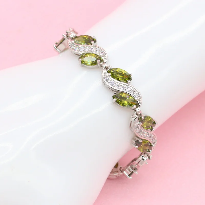 Luxury Green Peridot Wedding Necklace Sets Silver Color Jewelry for Women Earrings Ring Bracelet Gift Box