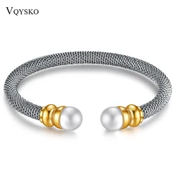 New Products Stainless Steel Fashion Jewelry Twisted Line C Type Adjustable Size Bangles, Pearl Bracelets For Women