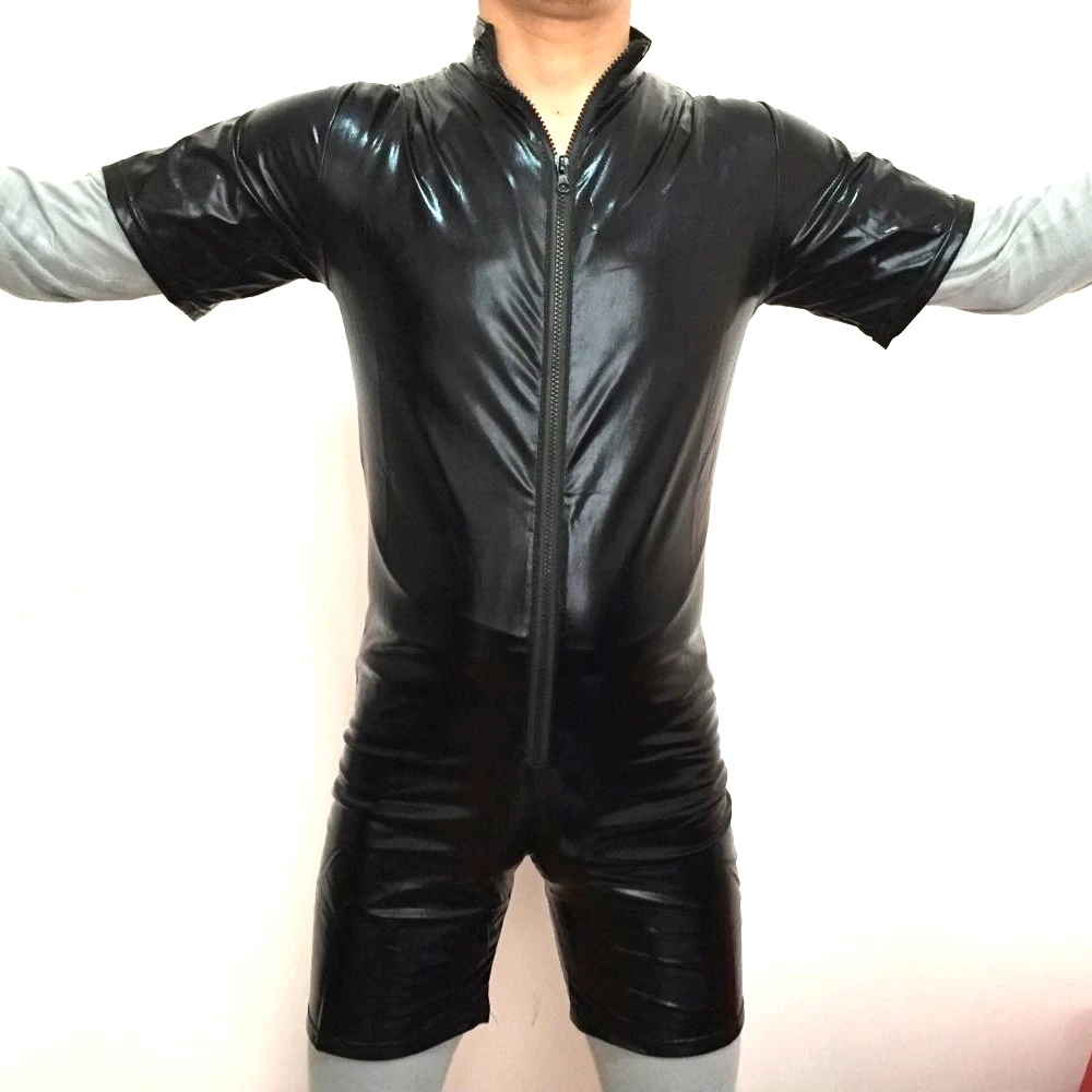 Plus S-3XL Good Quality Male PVC Leather Teddy Bodysuit Open Crotch Front Zipper Jumpsuit Mens Fetish Latex Clubwear Catsuit