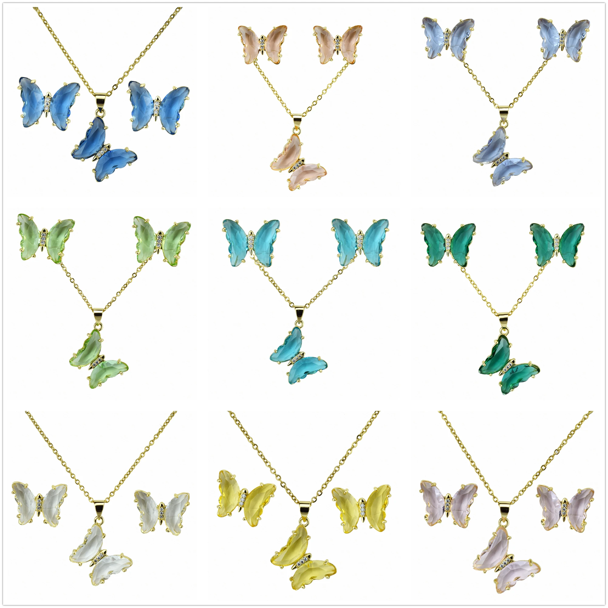 Ladies Glass Crystal Butterfly Necklace Earrings Jewelry Set Copper Zircon Plated Golden Color Preserving Jewelry Gift