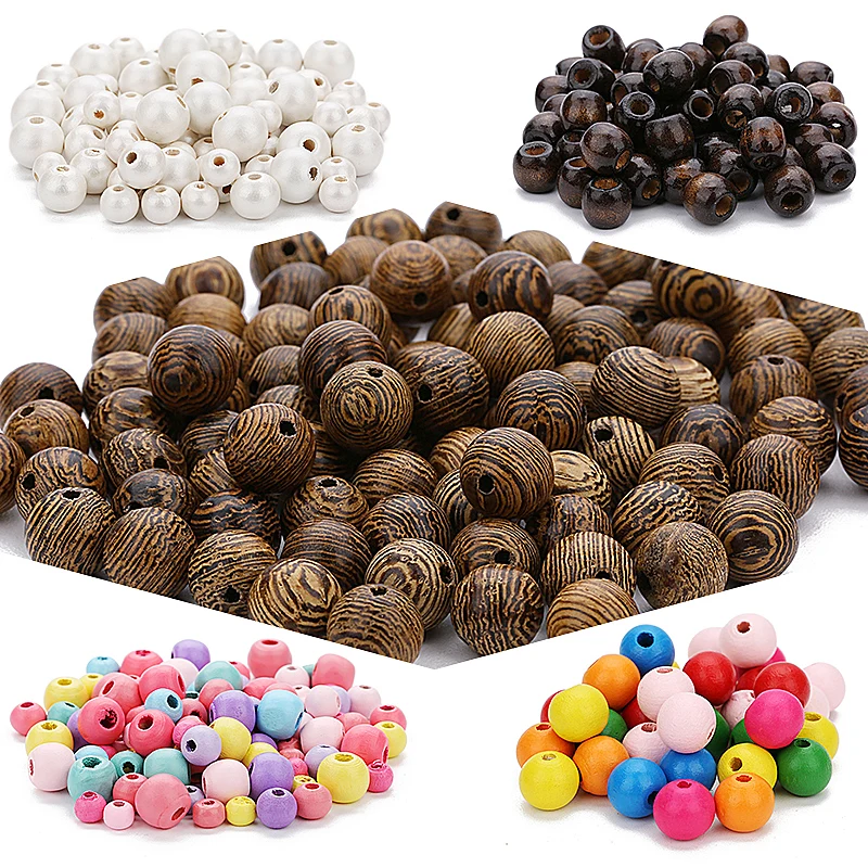 Louleur Natural Wooden Beads Round Natural Stripe Beads Spacer Colorful Loose Spacer Wood Beads For Jewelry Making Bracelet