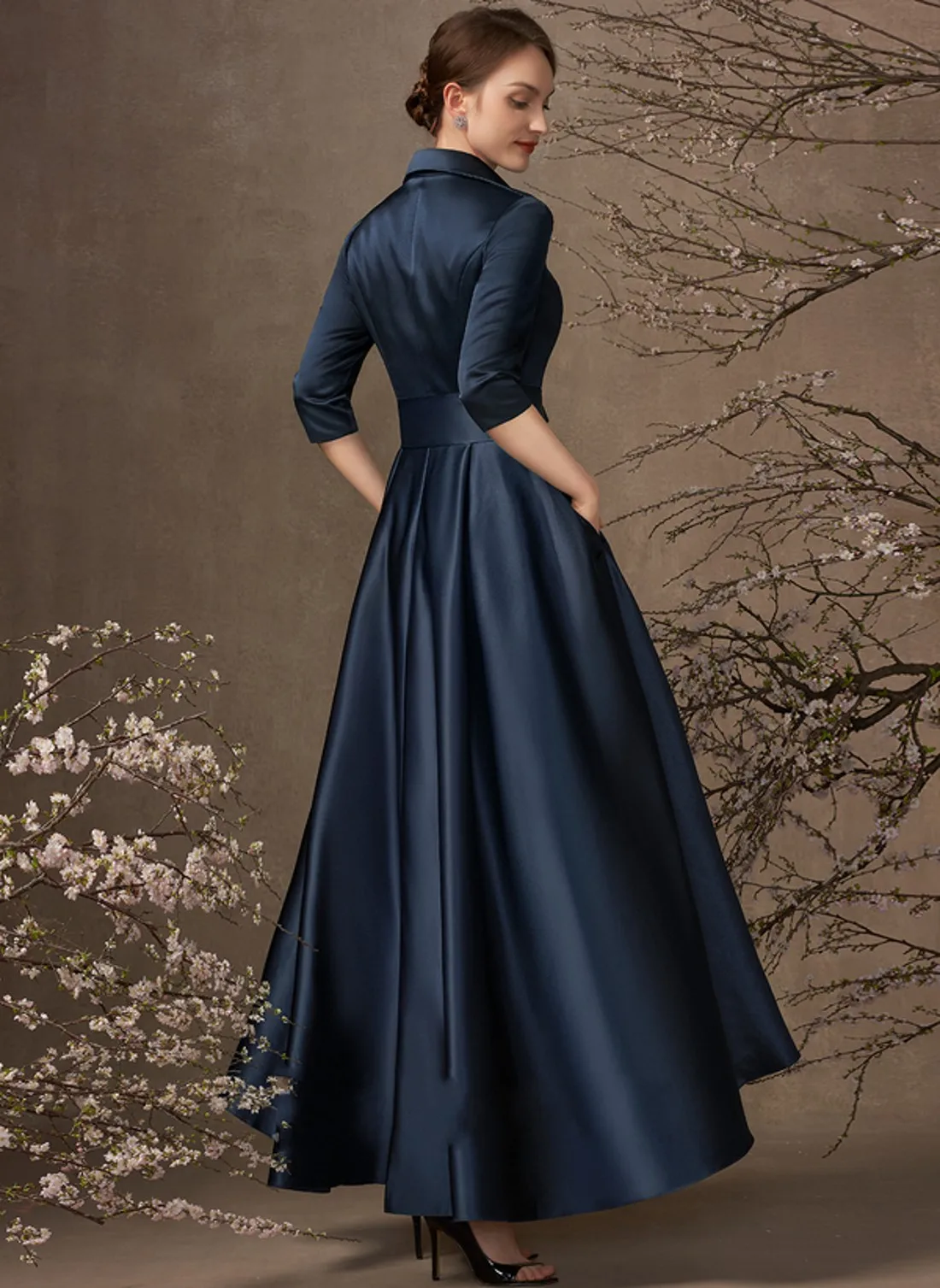 Robe de soirée élégante arabe bleu marine, ligne A, col en V, satin, Rhde promo, robe éducative, Fi.C., soirée 123