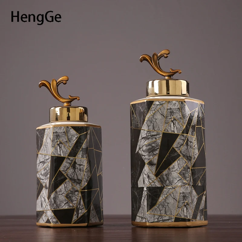 

Modern Creativity Ceramic Vase Home TV Cabinet Dried Flower Vase Decoration Nordic Golden Stroke Geometric Pattern Storage Jars