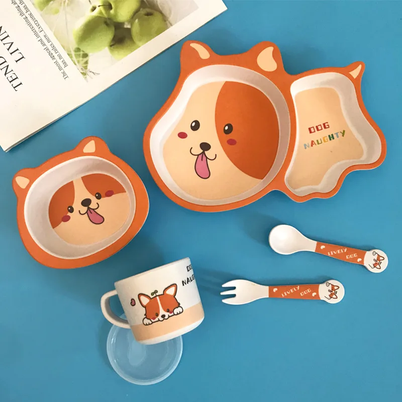 

5pcs/Set Children's Cutlery Set Cute Animal Style Cartoon Bamboo Fiber Baby Grid Plates Baby Bowl + Plate + Cup + Spoon + Fork