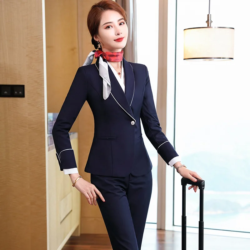 IZICFLY ฤดูใบไม้ผลิฤดูใบไม้ร่วงสไตล์ Professional Plus สายการบิน Stewardess กางเกงและแจ็คเก็ต Blazer 2ชิ้นชุดธุรกิจชุดทำงาน