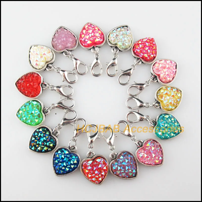 15Pcs Tibetan Silver Plated Heart Frame Mixed Resin Charms Pendants With Lobster Claw Clasps 13.5x17mm