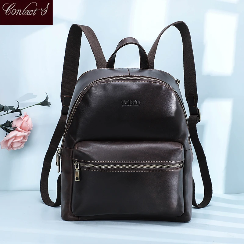 Contact\'s Women Casual Backpack Genuine Leather Girls Shoulder Bag Female Laptop School Bag Travel Ladies Mochilas