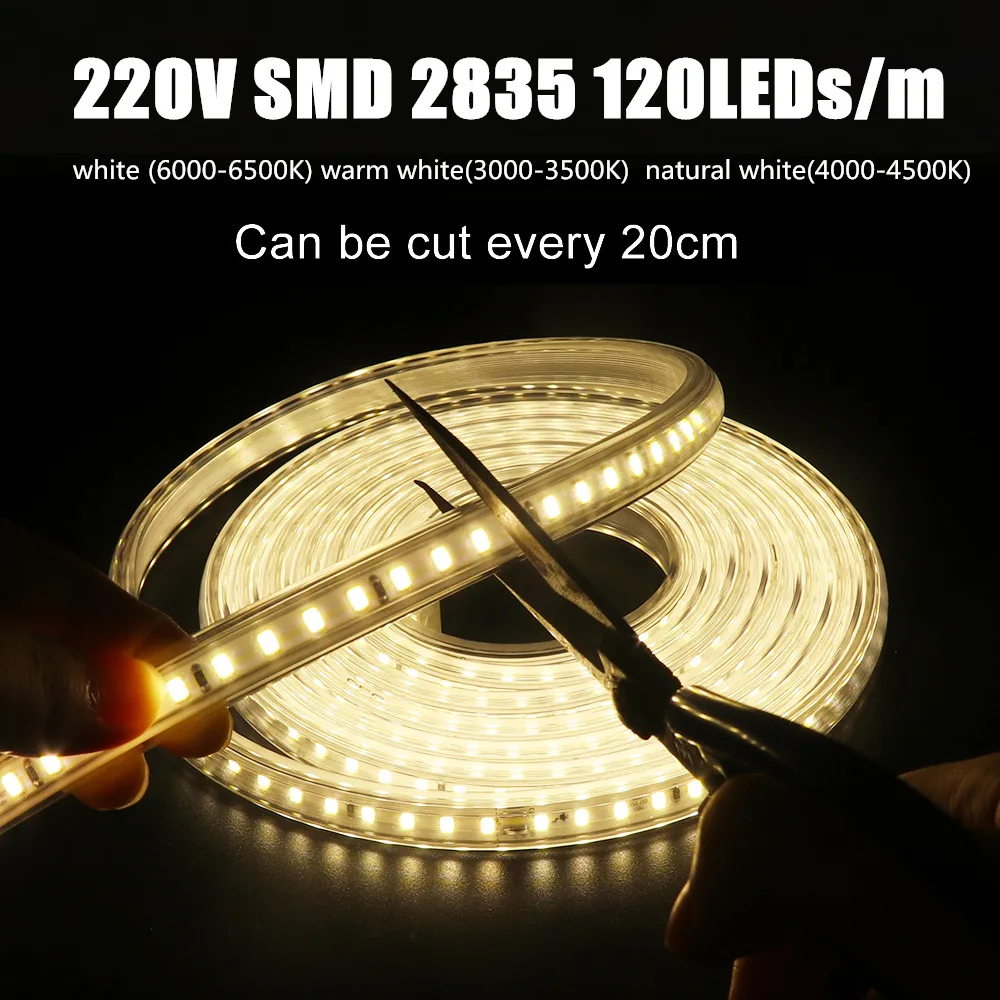 220V LED Strip IP67 Waterproof 20cm Cut 120leds/m 2835 Flexible LED Light Lamp Natural white 4000K White 6000K