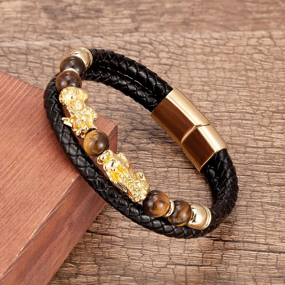 100% Natural Tiger Eye Stone Beads Bracelet For Men Stainless Steel Magnetic Clasp Golden Pixiu Wealth Lucky Men Women Bracelets