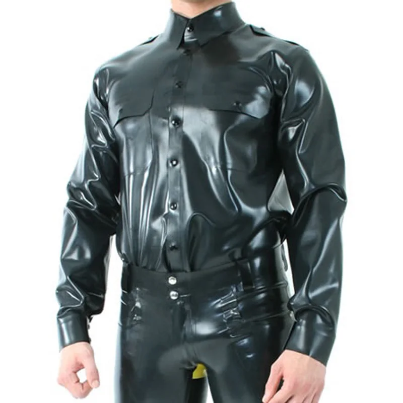 Black Sexy Latex Shirt With Buttons At Front Long Sleeves Turn Down Collar Pockets Rubber Top Clothes YF-0269