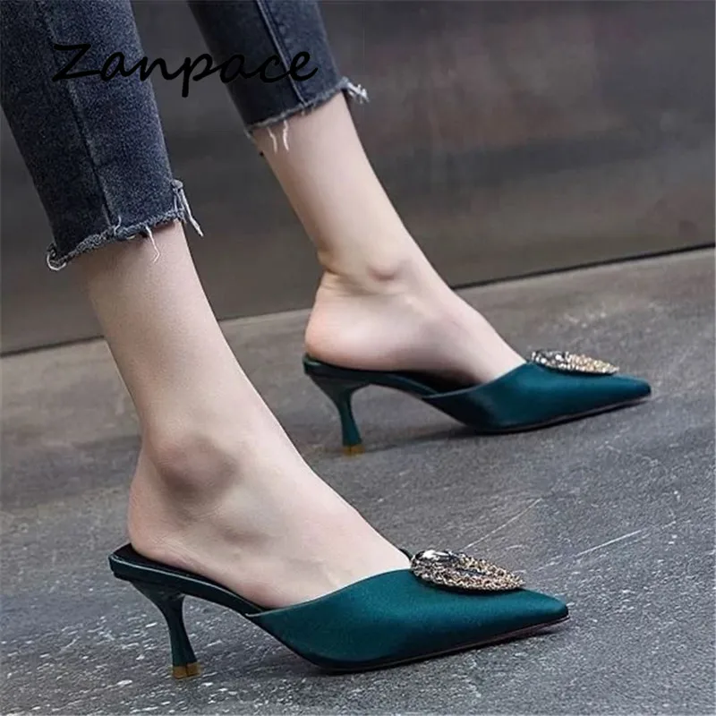 2021 Fashion Slippers Women Sandals Indoor High Heels Slip on Shoes Summer Thin Heeled Women Shoes Pointed Top Woman Slides