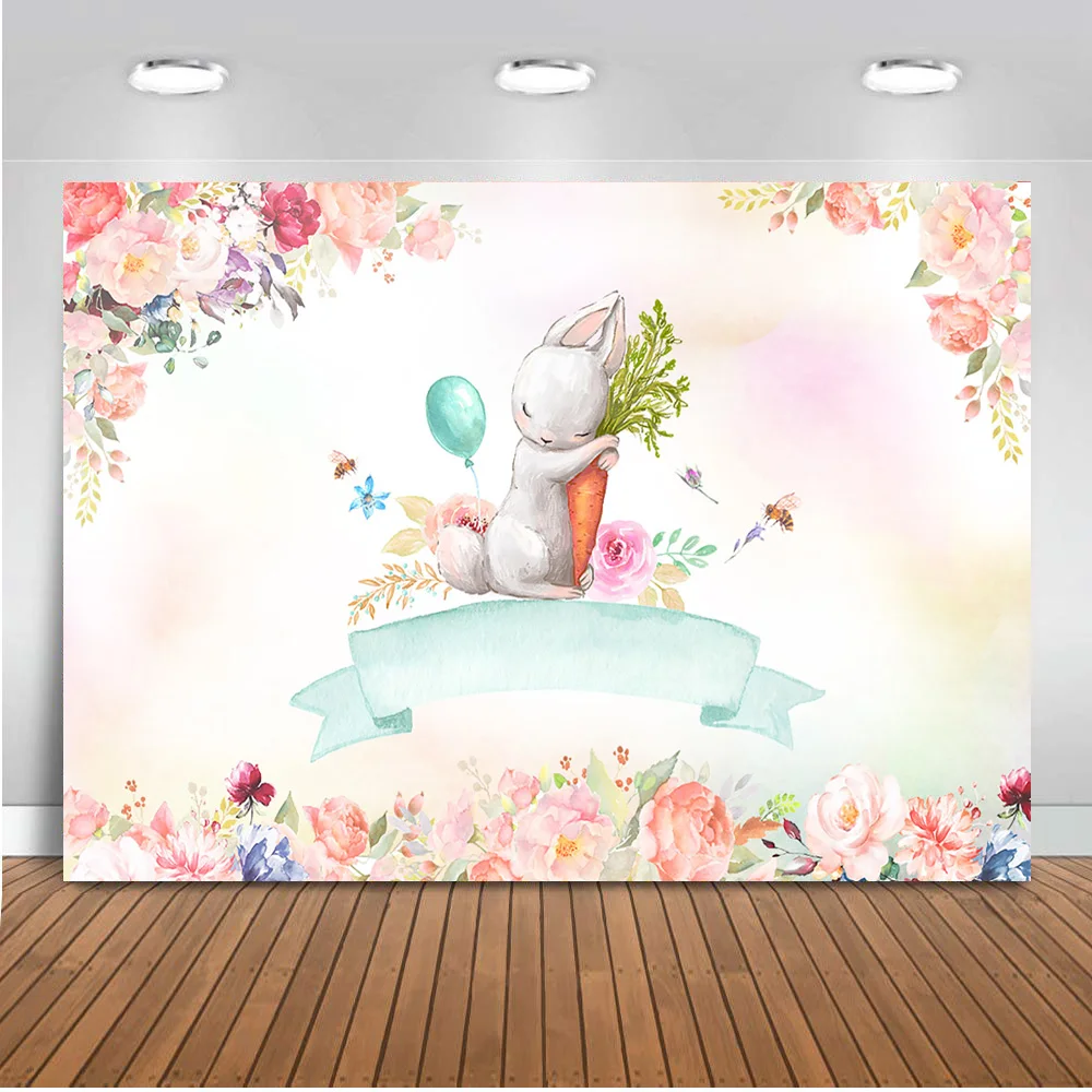 Floral Rabbit Themed Birthday Party Banner Backdrop Spring Flowers Easter Photo Background Carrot Bunny Butterfly Bee Newborn