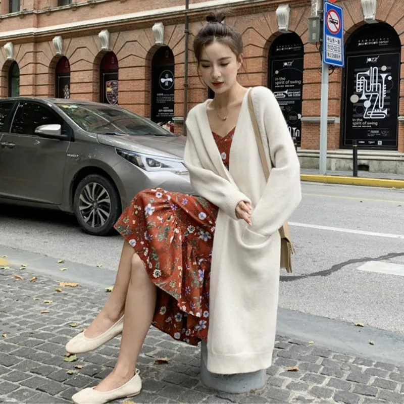 

Cardigan Women Long Open Stitch V-neck Elegant Casual Solid All-match Womens Outwear Cardigans Sweater Ulzzang Soft Chic Loose