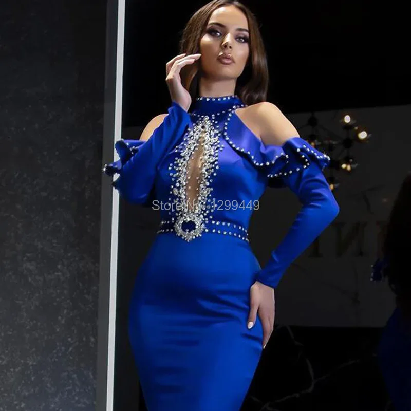 Eightale Meerjungfrau Abendkleider High Neck Perlen mit Strass Royal Blue Arabisch Abendkleid Dubai Lange Ärmeln Party Kleid