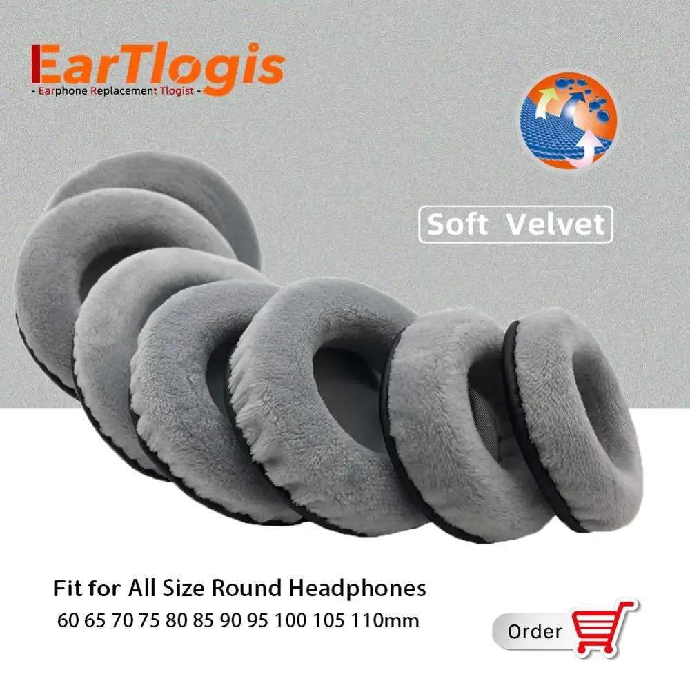 EarTlogis Grey Universal Replacement Velvet Ear Pads Parts Earmuff Cover Cushion Cups pillow for All size Round Headphones