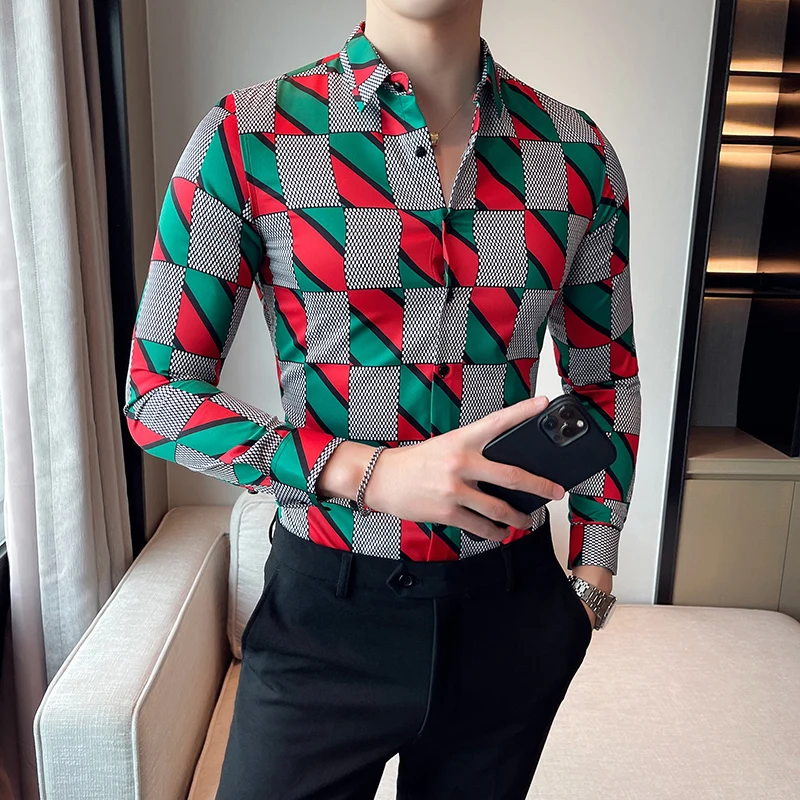 Plus Size M-6XL High Quality Printed Shirts Brand Clothing Men Designer Social Tuxedo Slim Long Sleeve Baroque Slim Party Shirt