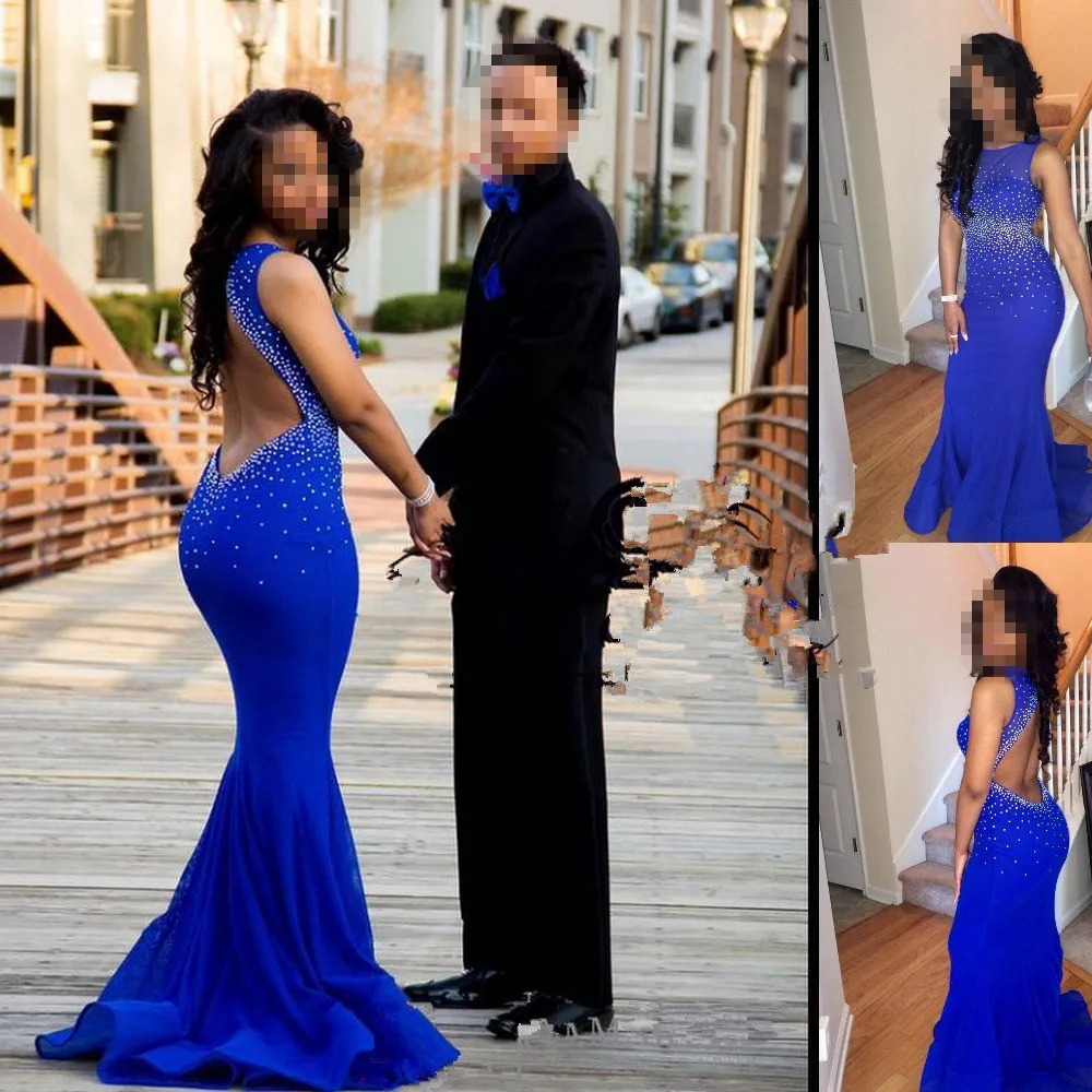 Sexy sleeveless Open Back Royal Blue Evening gown Mermaid Beaded party 2018 vestidos de formatura prom mother of the bride dress