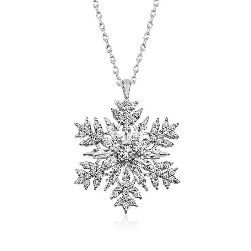 Silver Snowflake Pendant 925 Sterling Women Fine Jewelry Wedding Party Birthday Gift - Box - Stone - Pendant - Chain Choker - Female - Ladies - Fashion