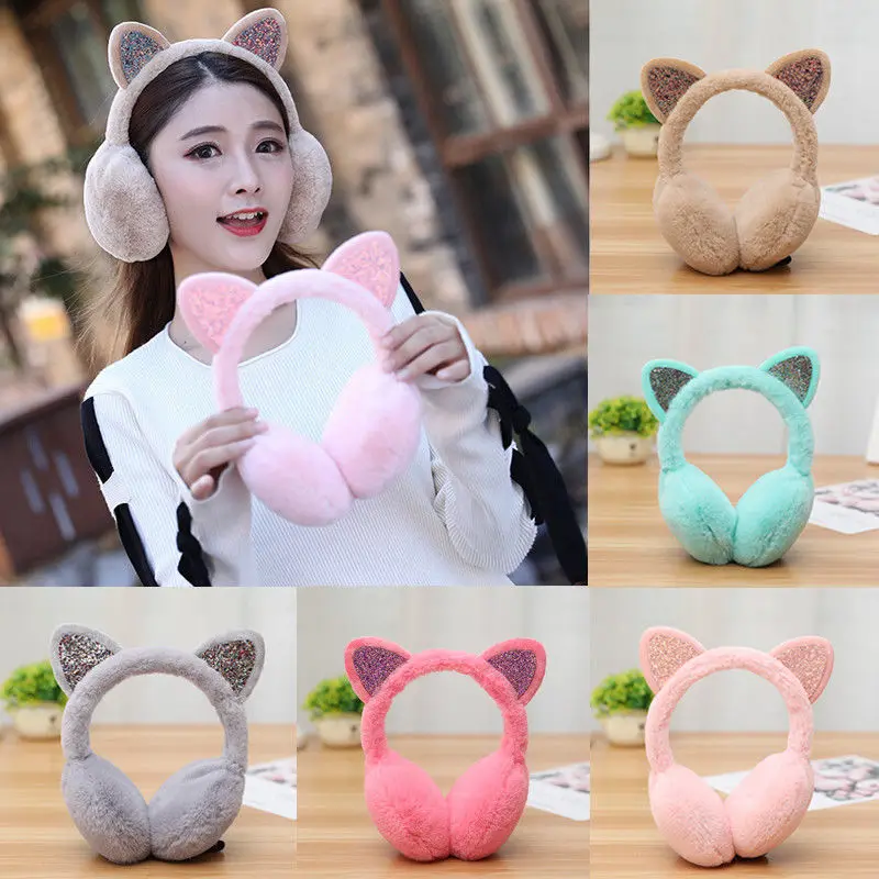 Winter Fashion Cute Warm Fur Ear Earmuffs Women Faux Soft Fluffy MuffsNovelty Cat  Ear Femalewa